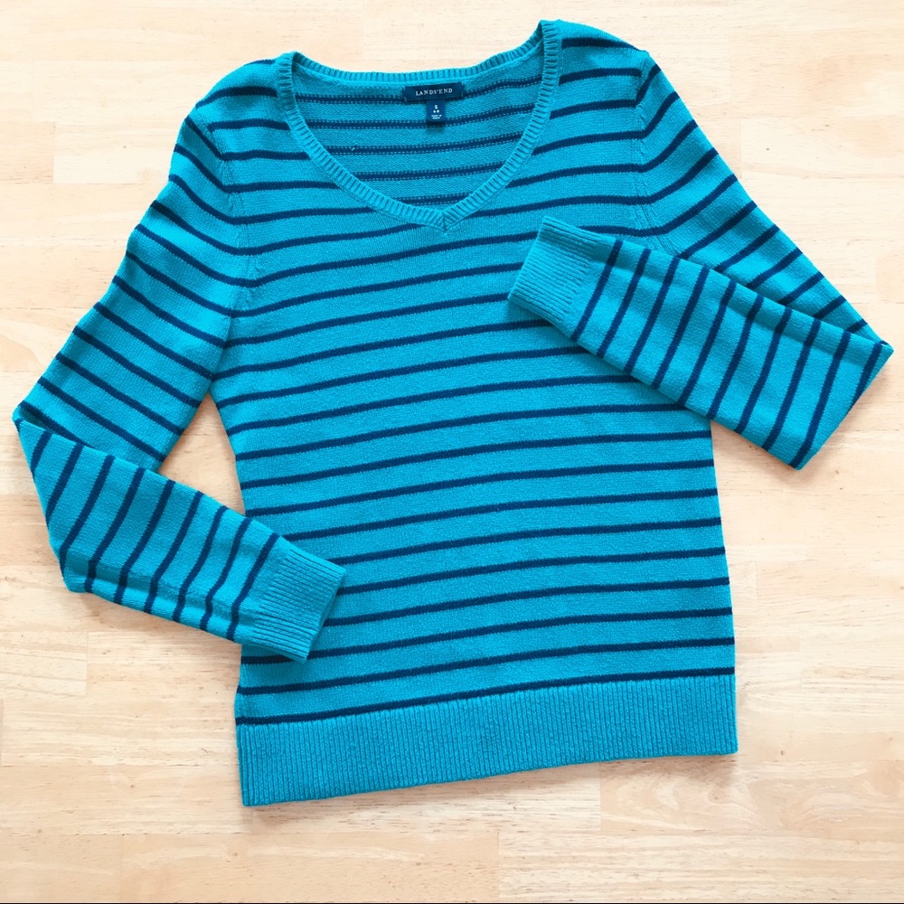 Lands’ End Blue Striped Crewneck Sweater Small 6-8 G1